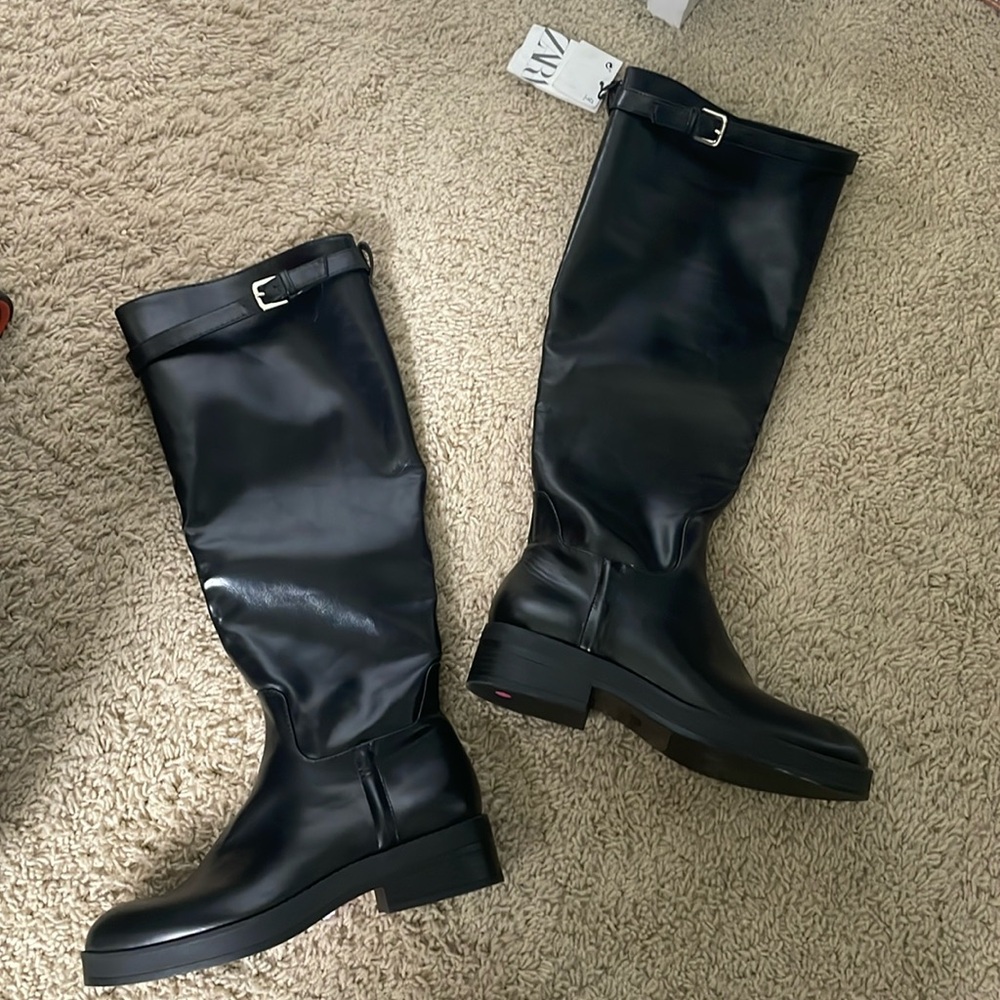 ZARA Black Leather Knee High Boots